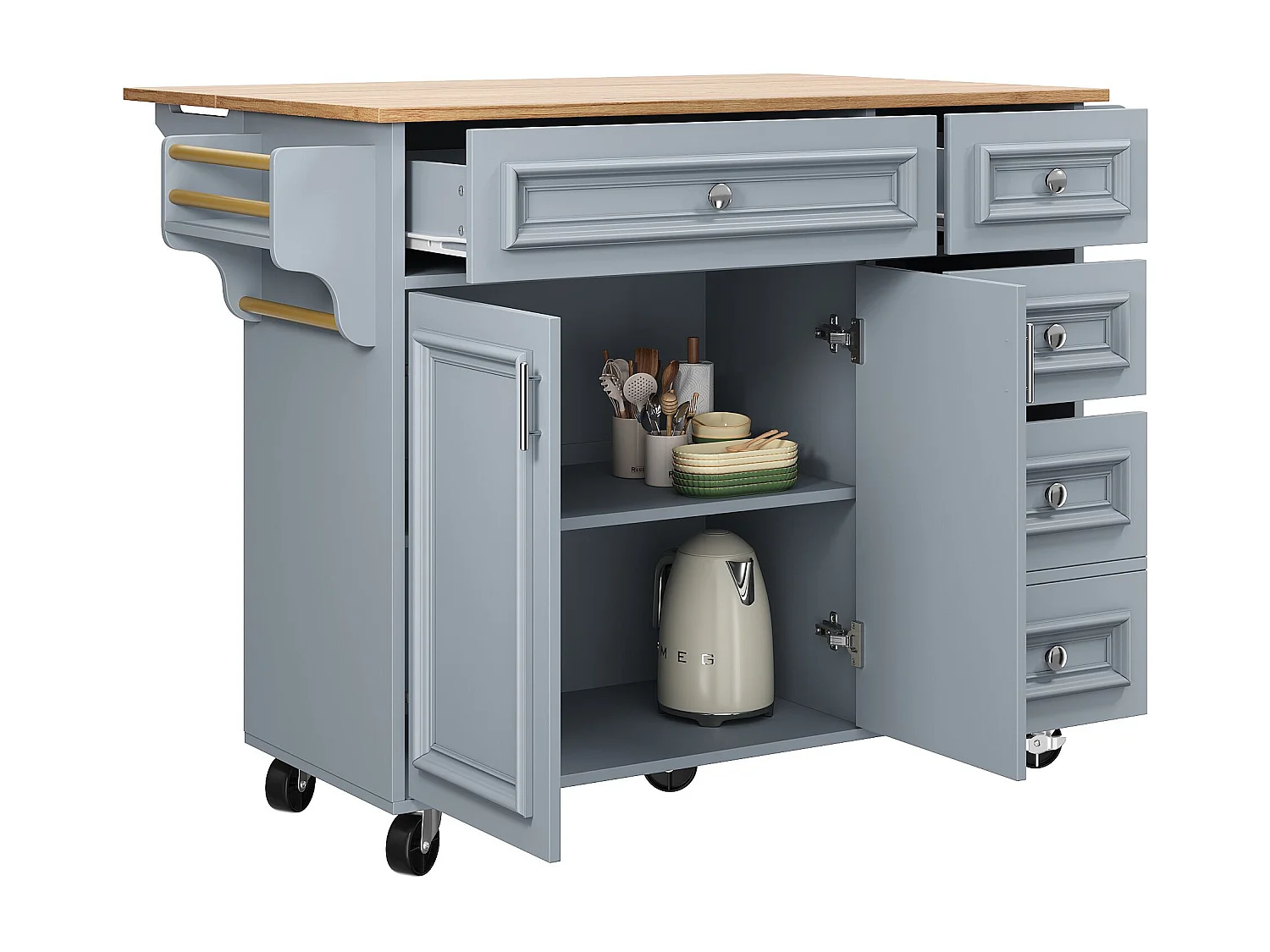 Îlot central bleu avec roulettes et 4 tiroirs de rangement, plateau en bois MDF