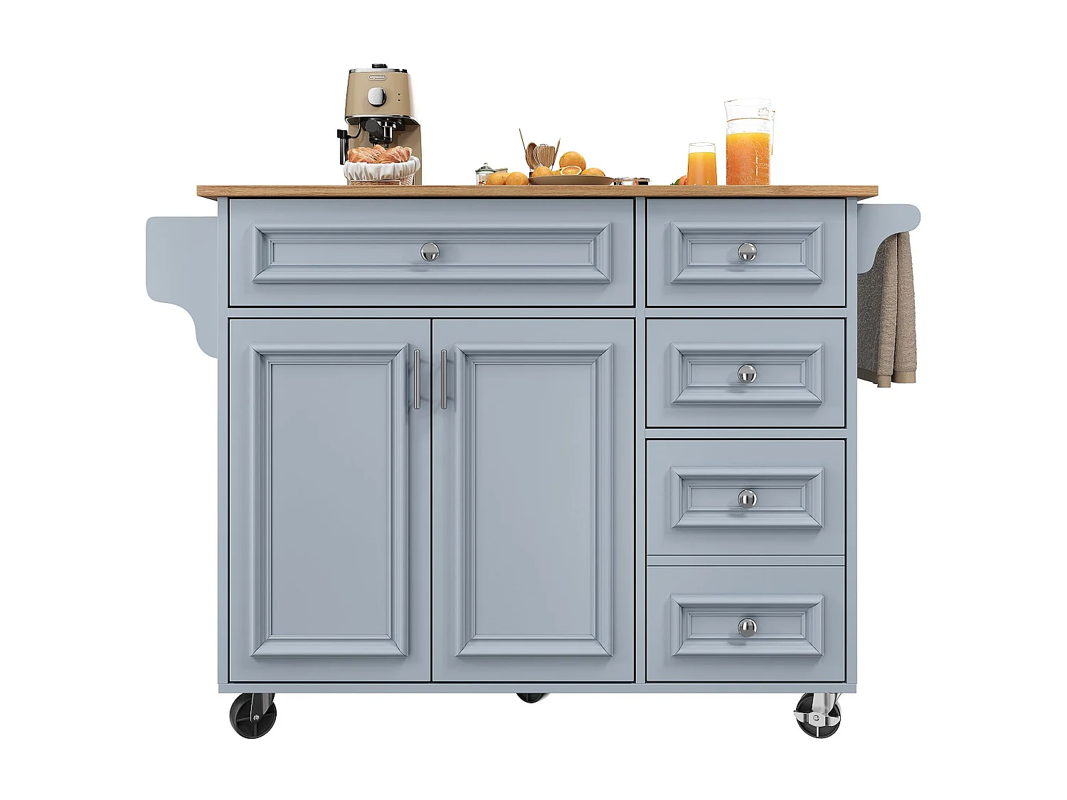 Îlot central bleu avec roulettes et 4 tiroirs de rangement, plateau en bois MDF