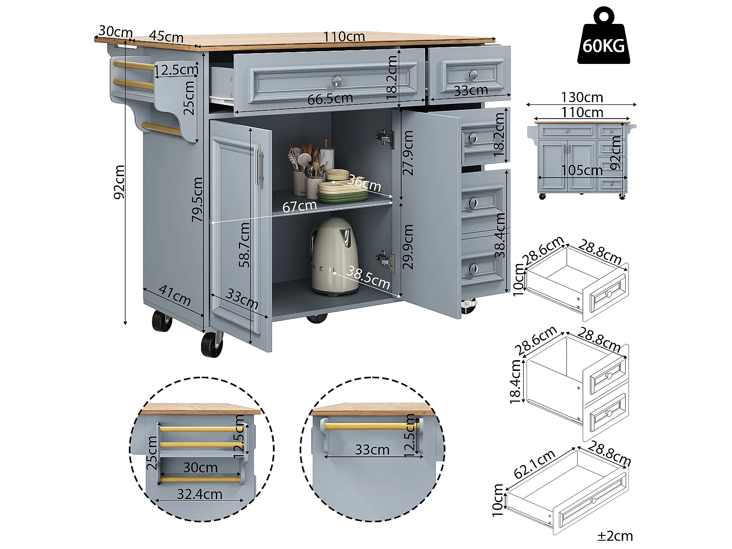 Îlot central bleu avec roulettes et 4 tiroirs de rangement, plateau en bois MDF