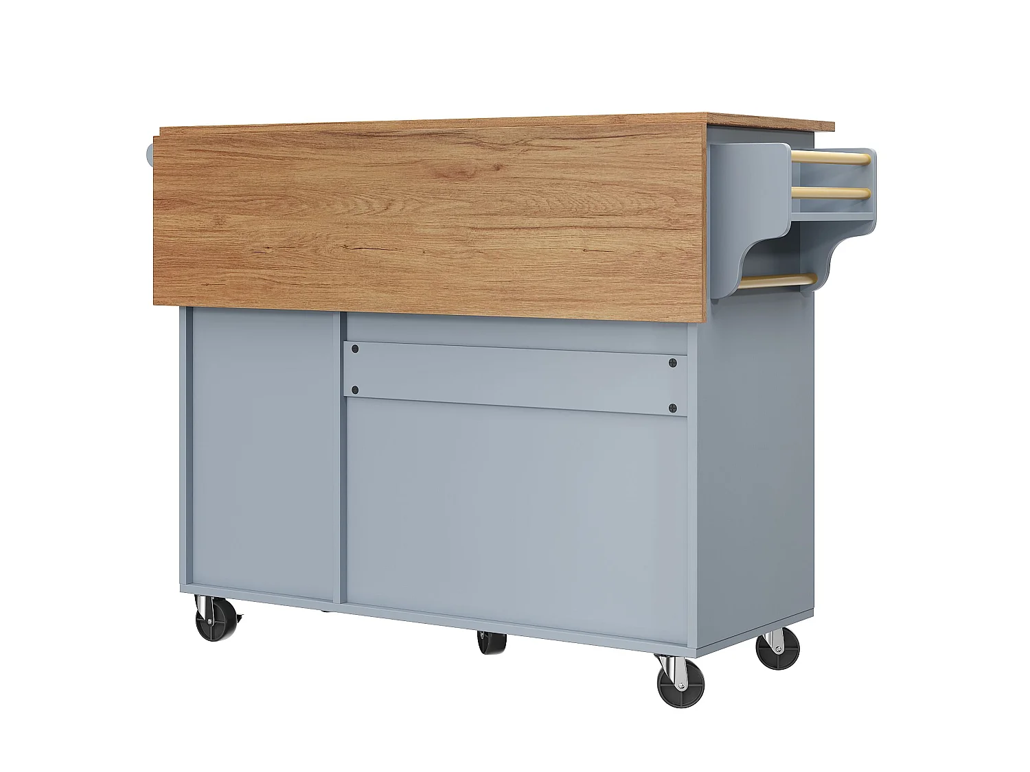 Îlot central bleu avec roulettes et 4 tiroirs de rangement, plateau en bois MDF