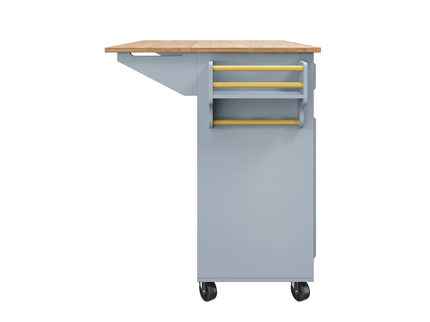Îlot central bleu avec roulettes et 4 tiroirs de rangement, plateau en bois MDF