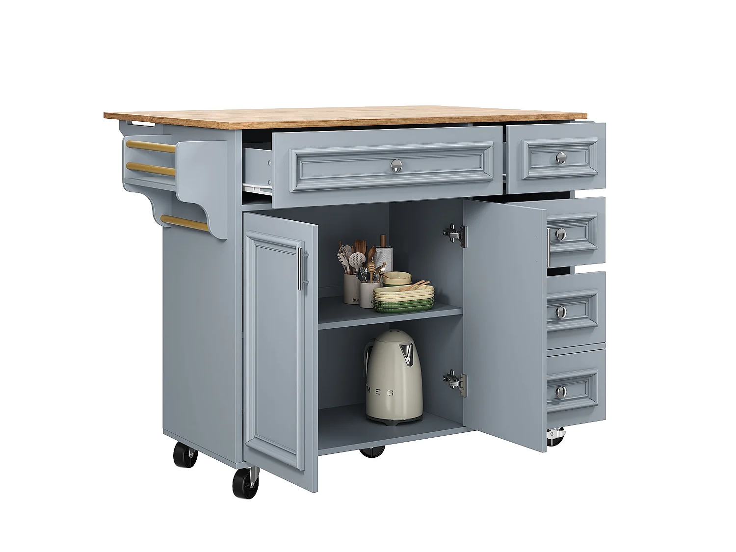 Îlot central bleu avec roulettes et 4 tiroirs de rangement, plateau en bois MDF
