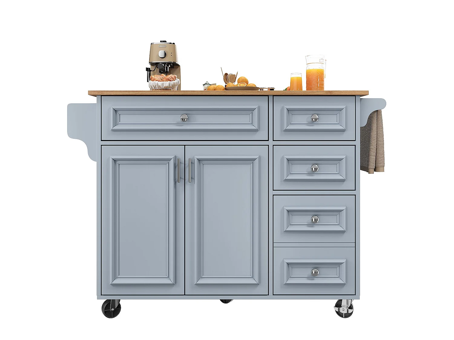 Îlot central bleu avec roulettes et 4 tiroirs de rangement, plateau en bois MDF