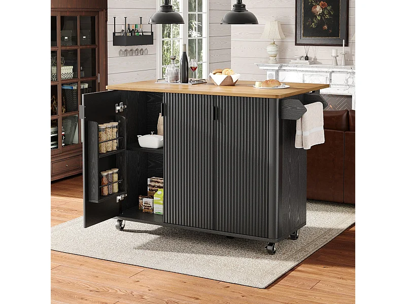 Îlot central mobile avec plateau en bois, 3 portes texturées et étagère à épices - noir