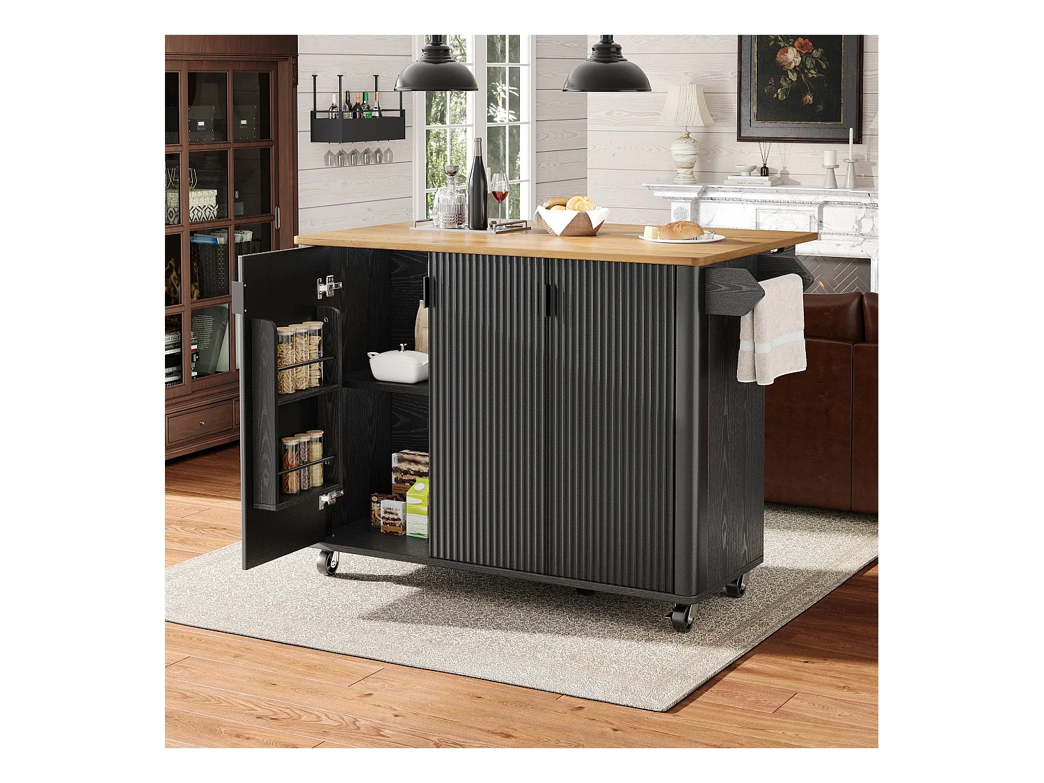 Îlot central mobile avec plateau en bois, 3 portes texturées et étagère à épices - noir