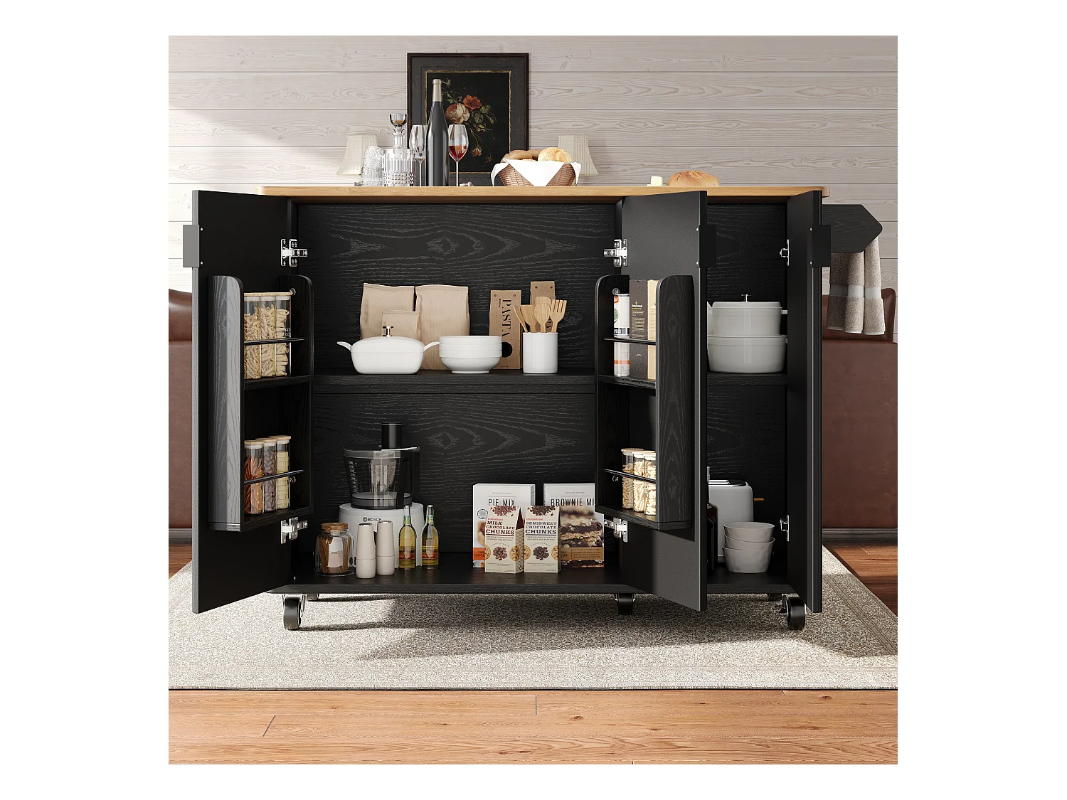 Îlot central mobile avec plateau en bois, 3 portes texturées et étagère à épices - noir