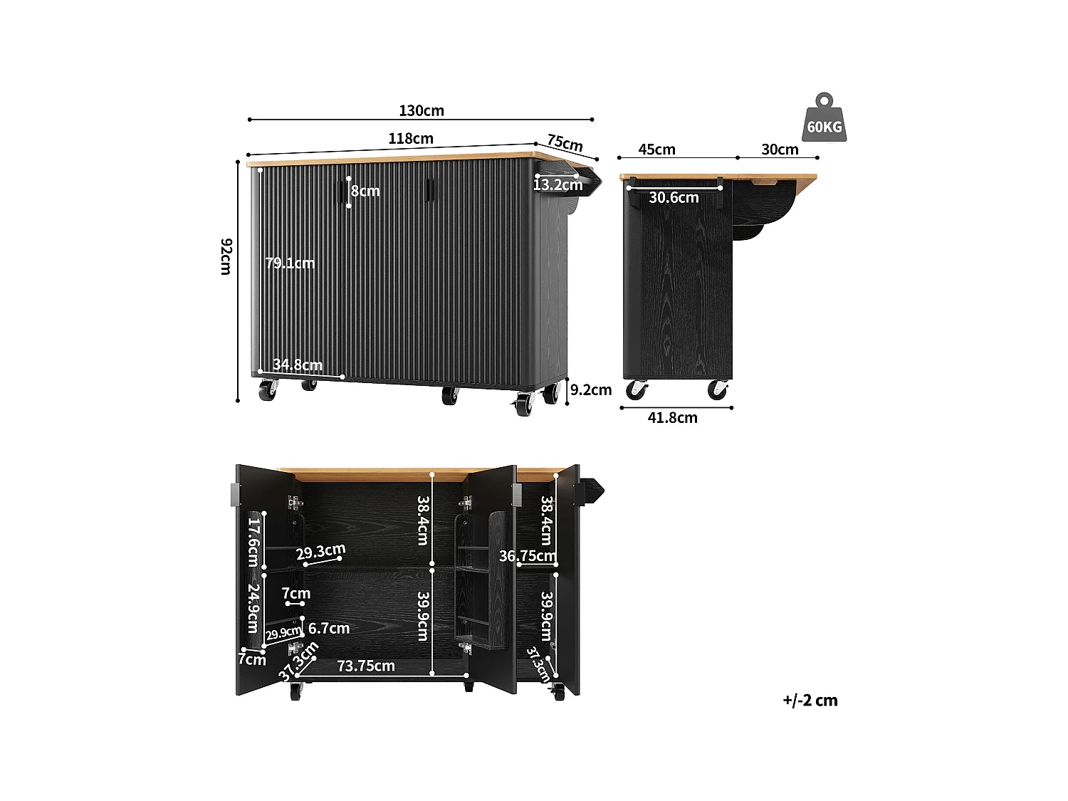 Îlot central mobile avec plateau en bois, 3 portes texturées et étagère à épices - noir