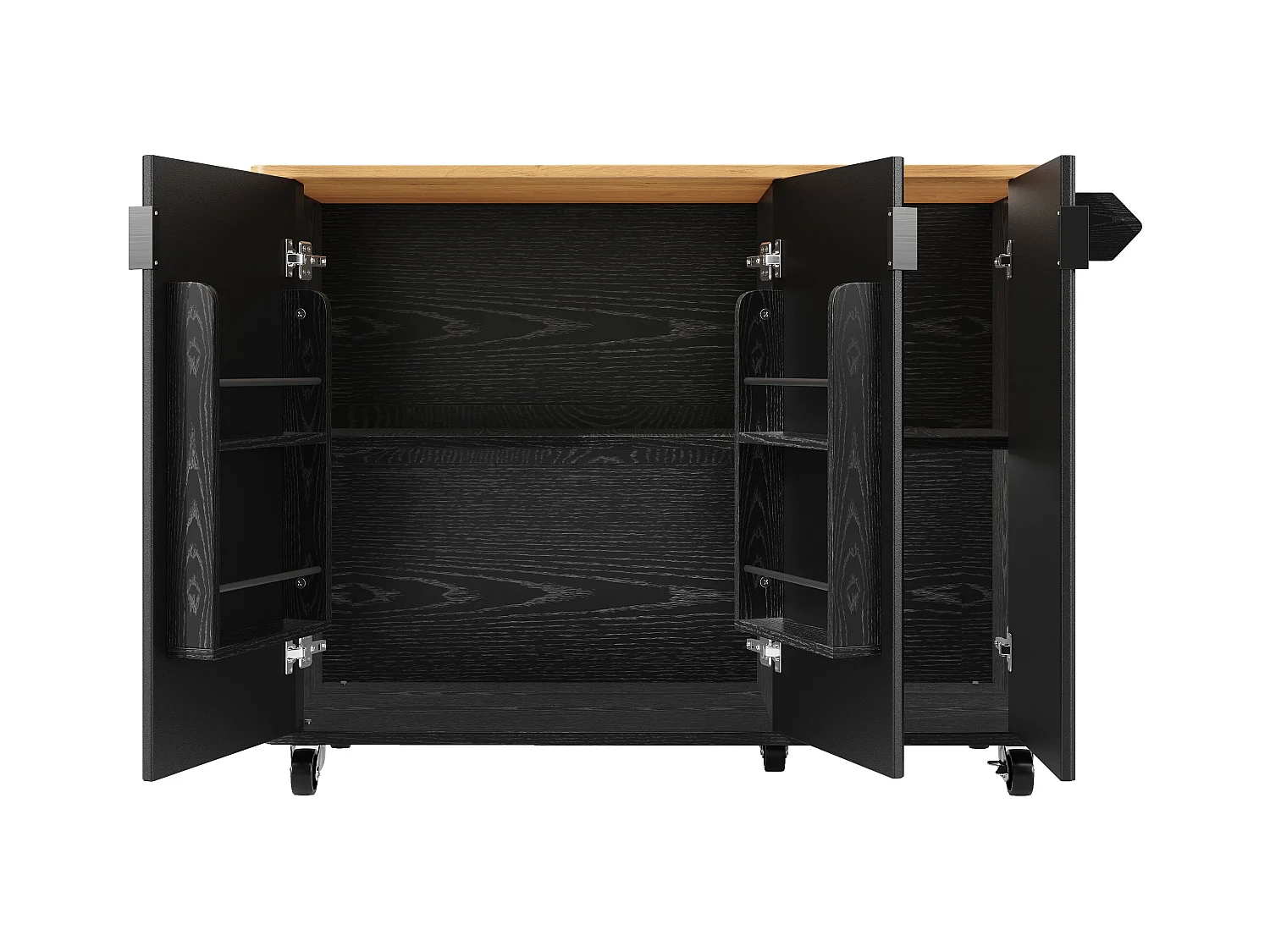 Îlot central mobile avec plateau en bois, 3 portes texturées et étagère à épices - noir