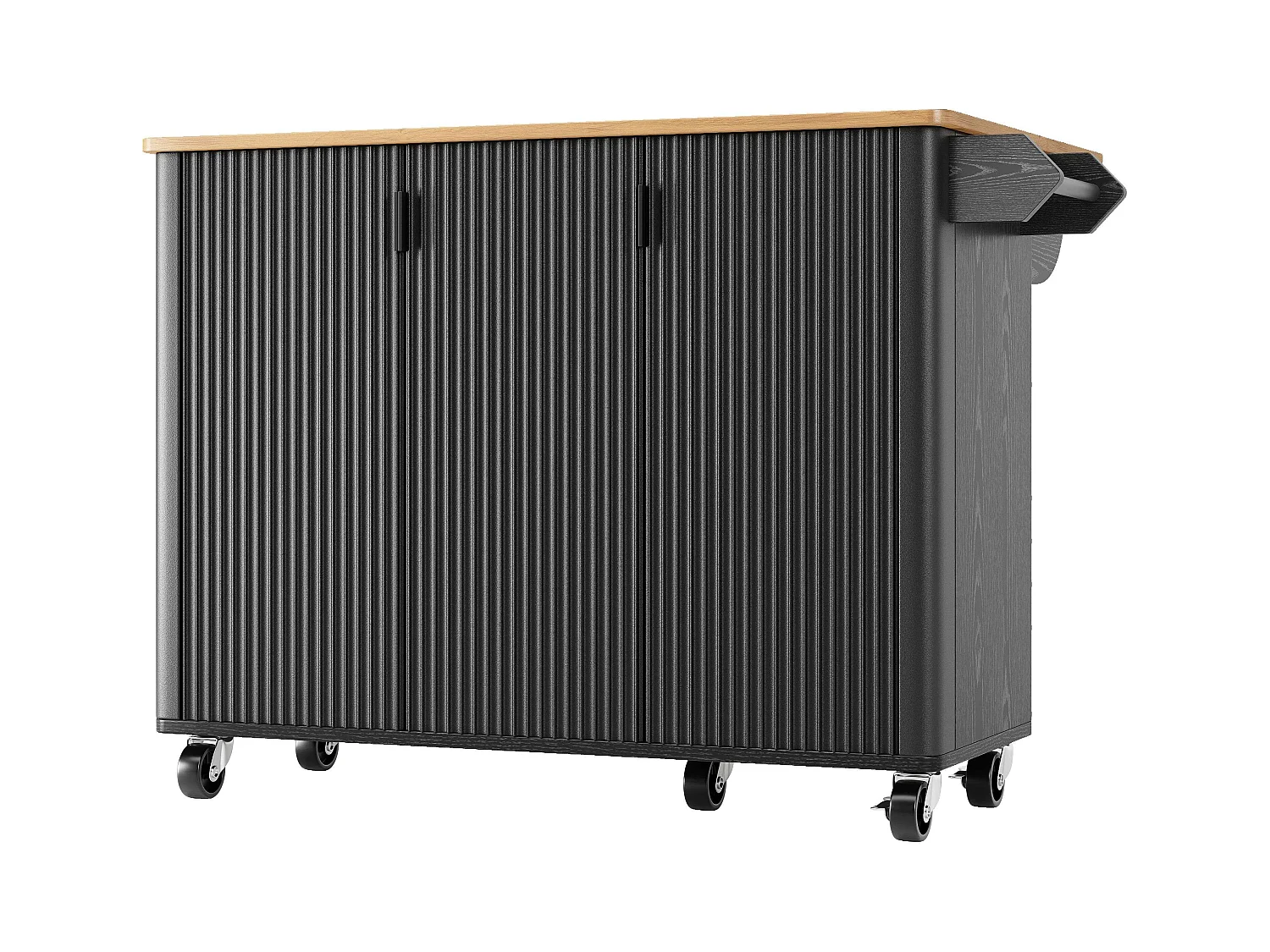 Îlot central mobile avec plateau en bois, 3 portes texturées et étagère à épices - noir