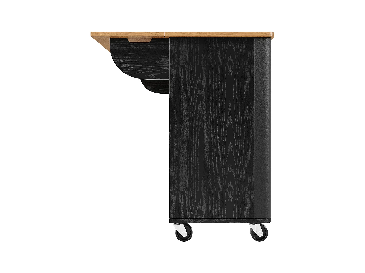 Îlot central mobile avec plateau en bois, 3 portes texturées et étagère à épices - noir