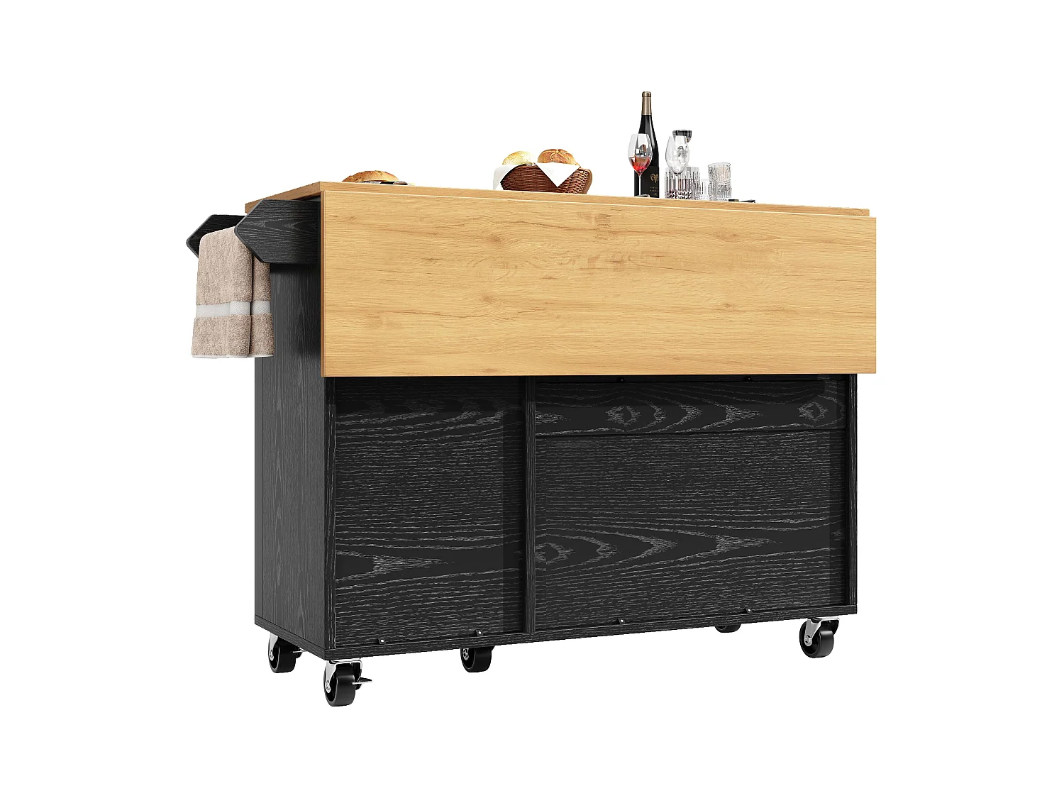 Îlot central mobile avec plateau en bois, 3 portes texturées et étagère à épices - noir