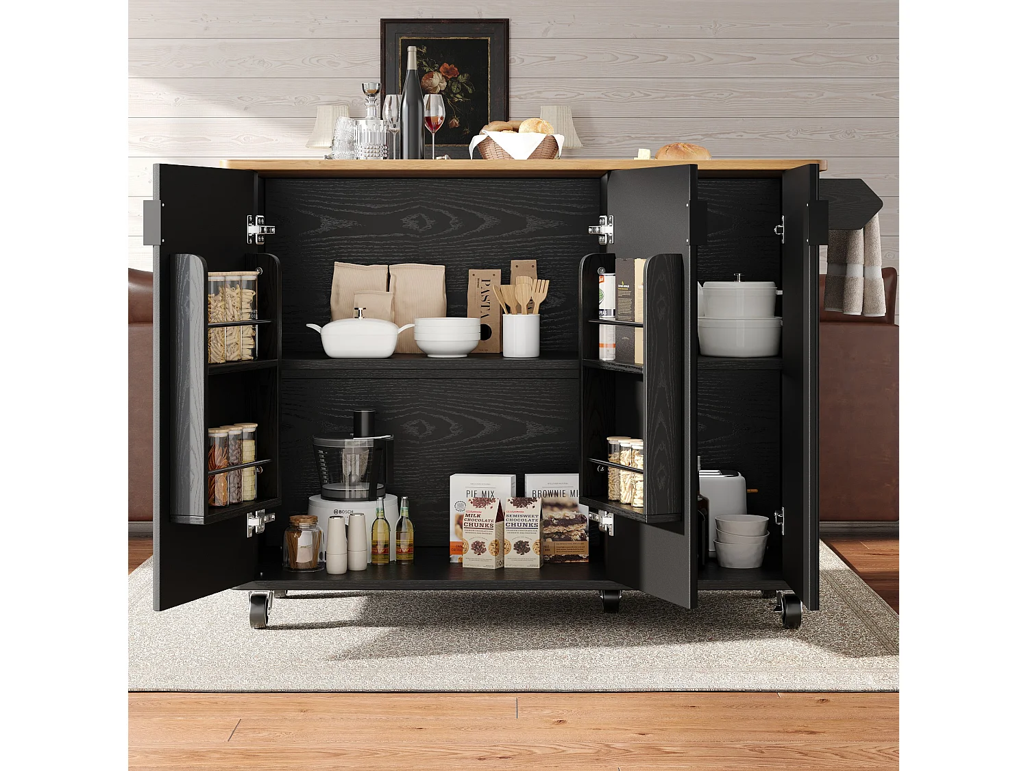 Îlot central mobile avec plateau en bois, 3 portes texturées et étagère à épices - noir