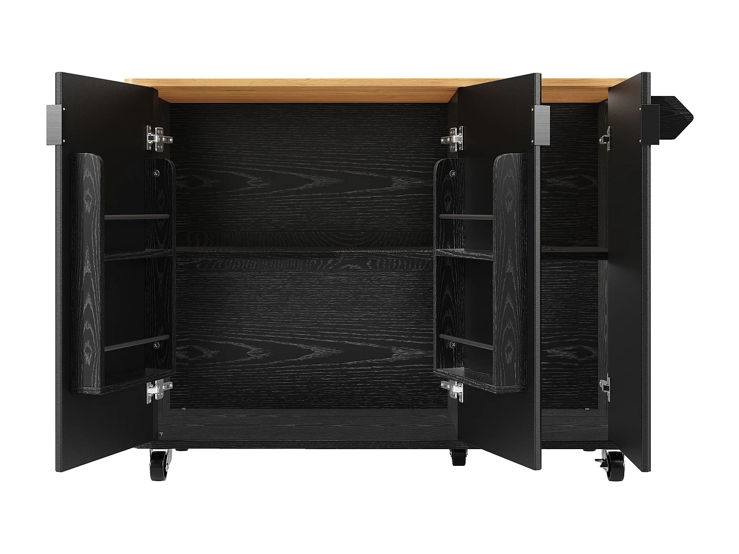 Îlot central mobile avec plateau en bois, 3 portes texturées et étagère à épices - noir
