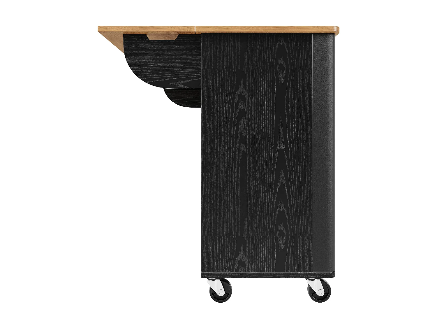 Îlot central mobile avec plateau en bois, 3 portes texturées et étagère à épices - noir