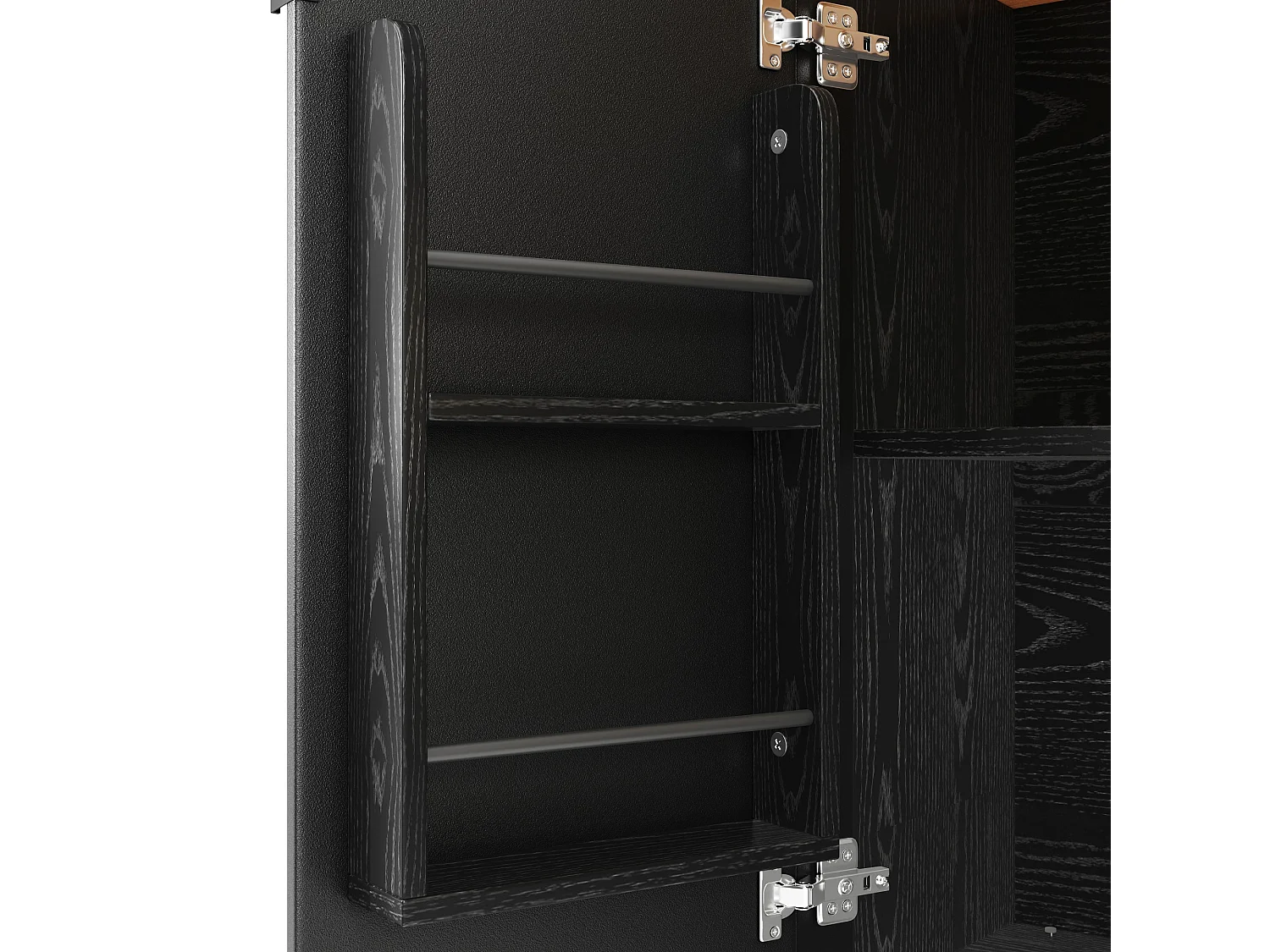 Îlot central mobile avec plateau en bois, 3 portes texturées et étagère à épices - noir