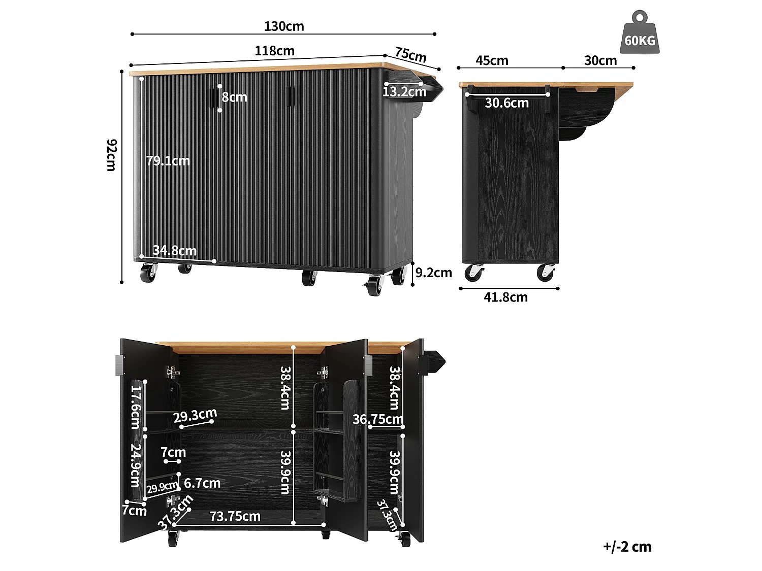Îlot central mobile avec plateau en bois, 3 portes texturées et étagère à épices - noir