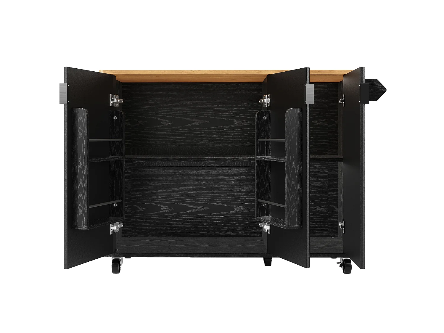 Îlot central mobile avec plateau en bois, 3 portes texturées et étagère à épices - noir