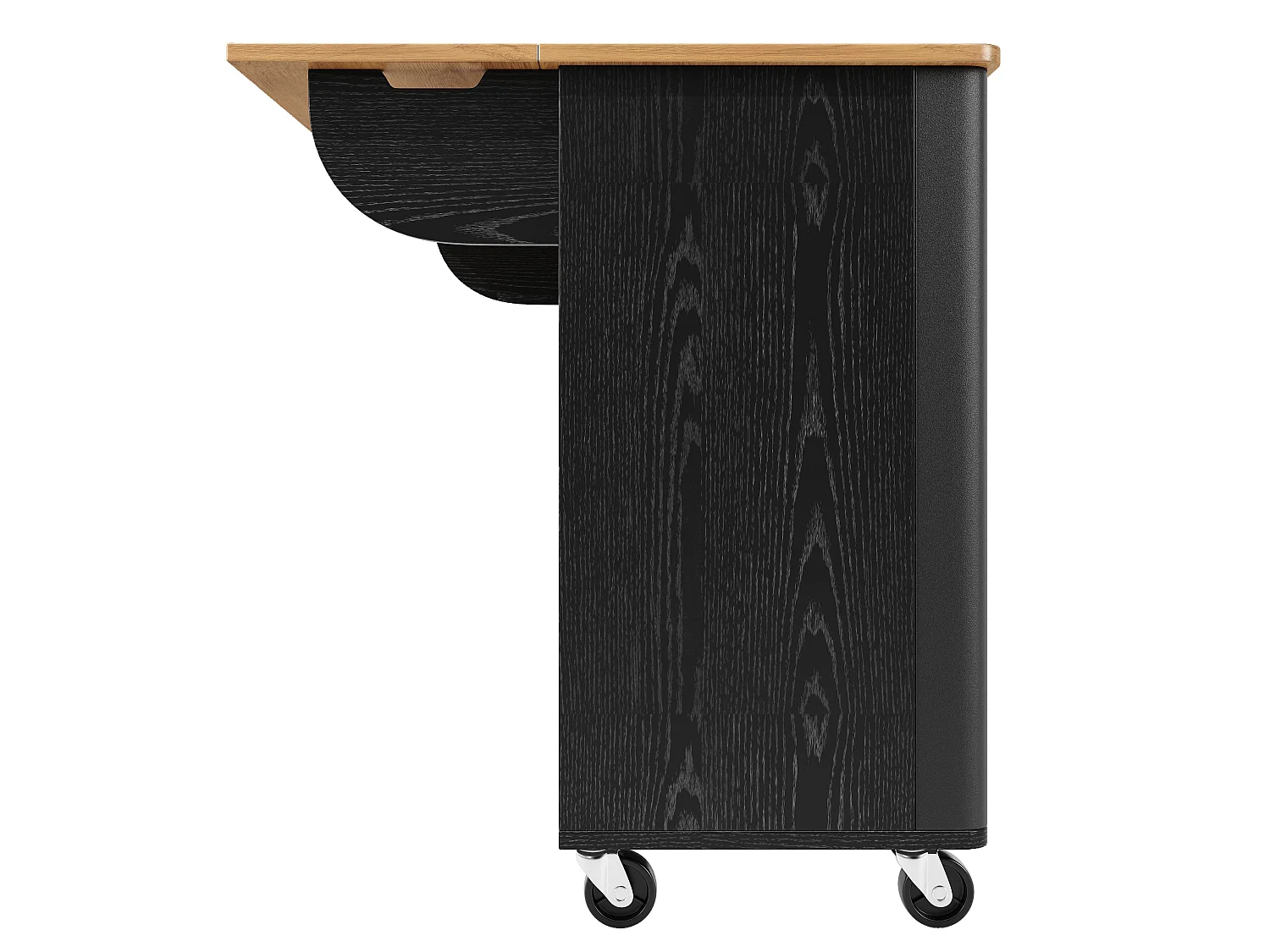 Îlot central mobile avec plateau en bois, 3 portes texturées et étagère à épices - noir
