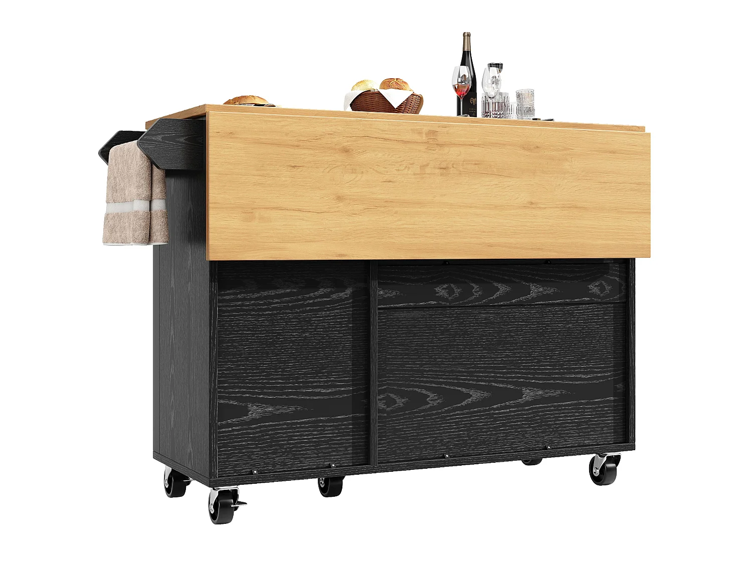 Îlot central mobile avec plateau en bois, 3 portes texturées et étagère à épices - noir