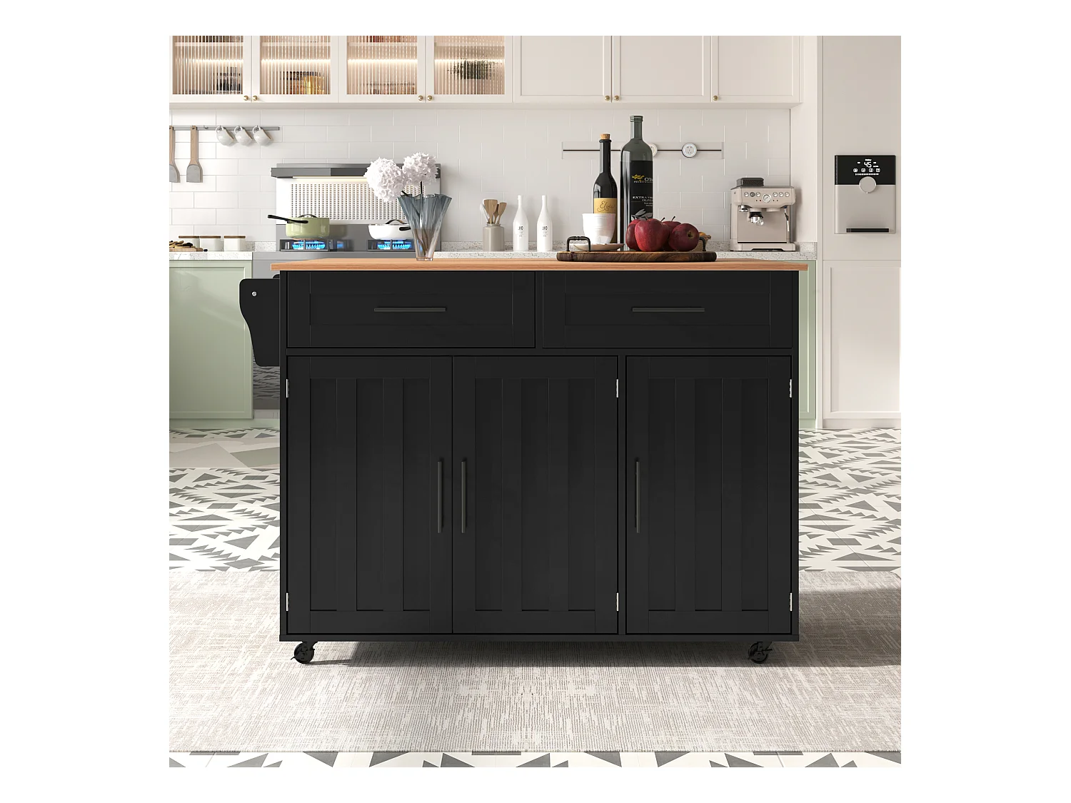 Îlot central mobile avec plateau rabattable, 3 portes et 2 tiroirs de rangement - Noir