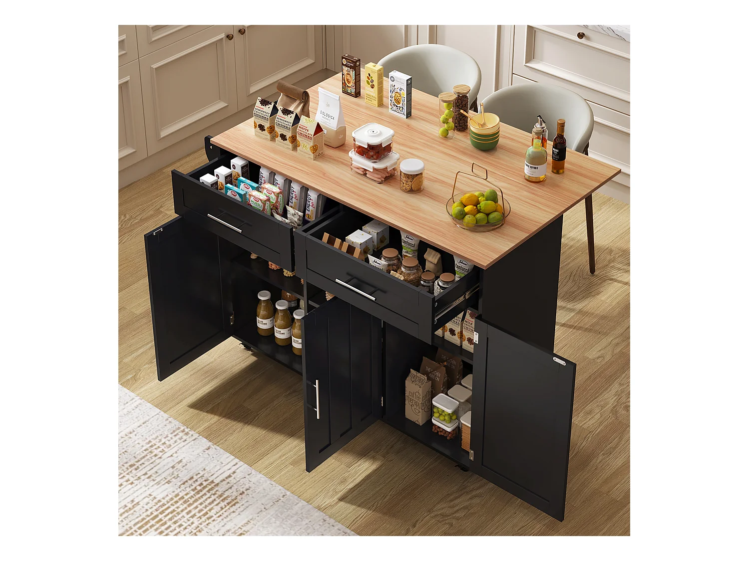 Îlot central mobile avec plateau rabattable, 3 portes et 2 tiroirs de rangement - Noir