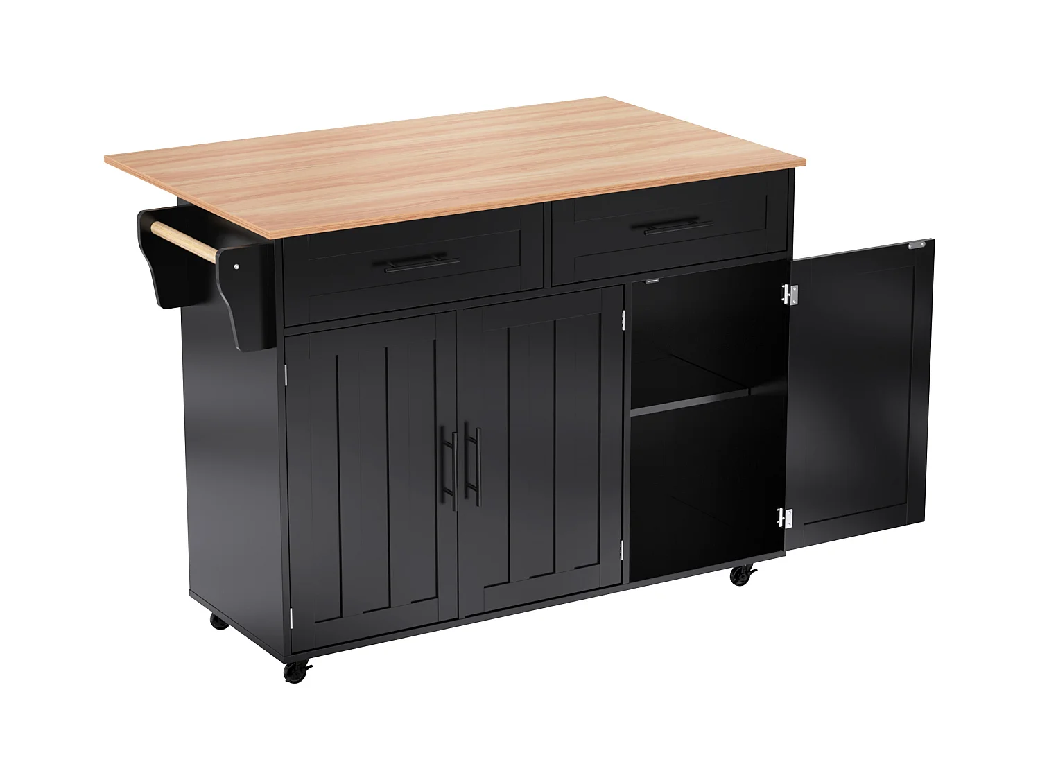 Îlot central mobile avec plateau rabattable, 3 portes et 2 tiroirs de rangement - Noir