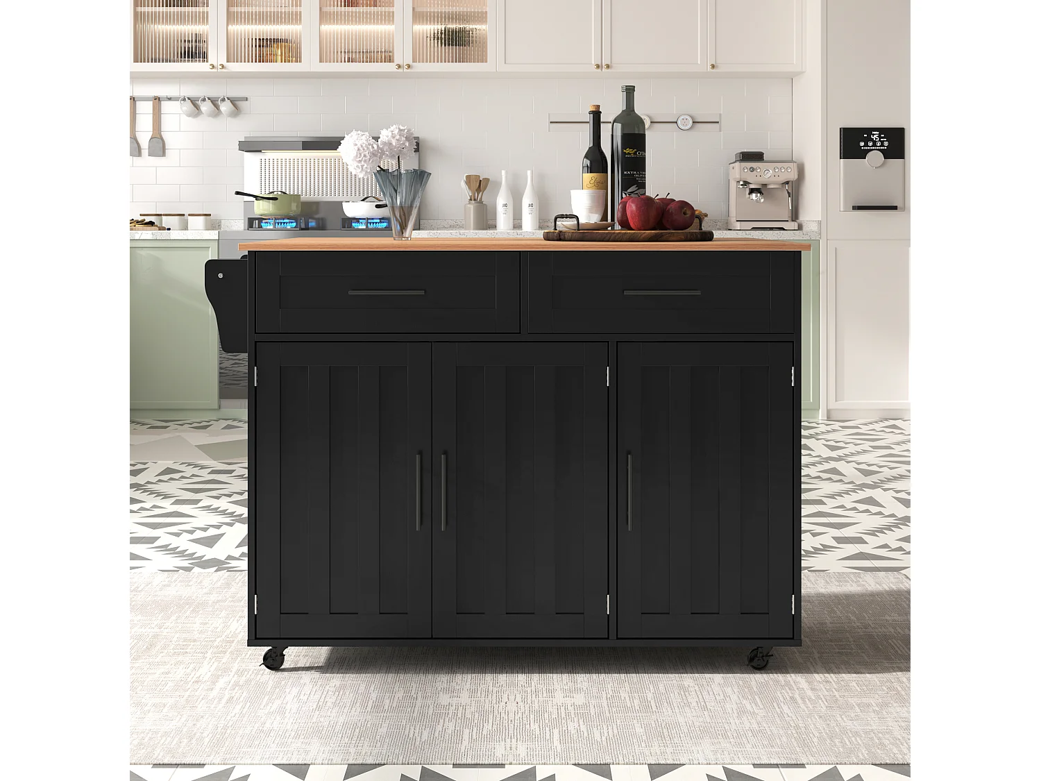 Îlot central mobile avec plateau rabattable, 3 portes et 2 tiroirs de rangement - Noir