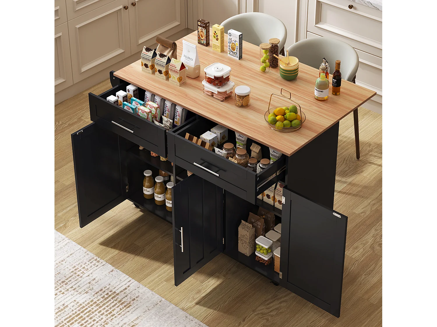 Îlot central mobile avec plateau rabattable, 3 portes et 2 tiroirs de rangement - Noir