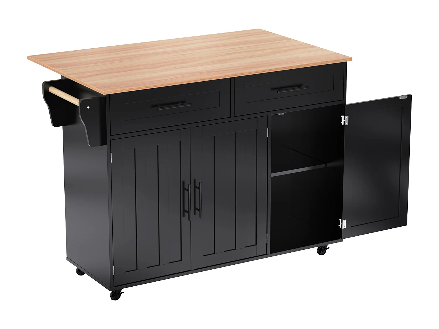 Îlot central mobile avec plateau rabattable, 3 portes et 2 tiroirs de rangement - Noir