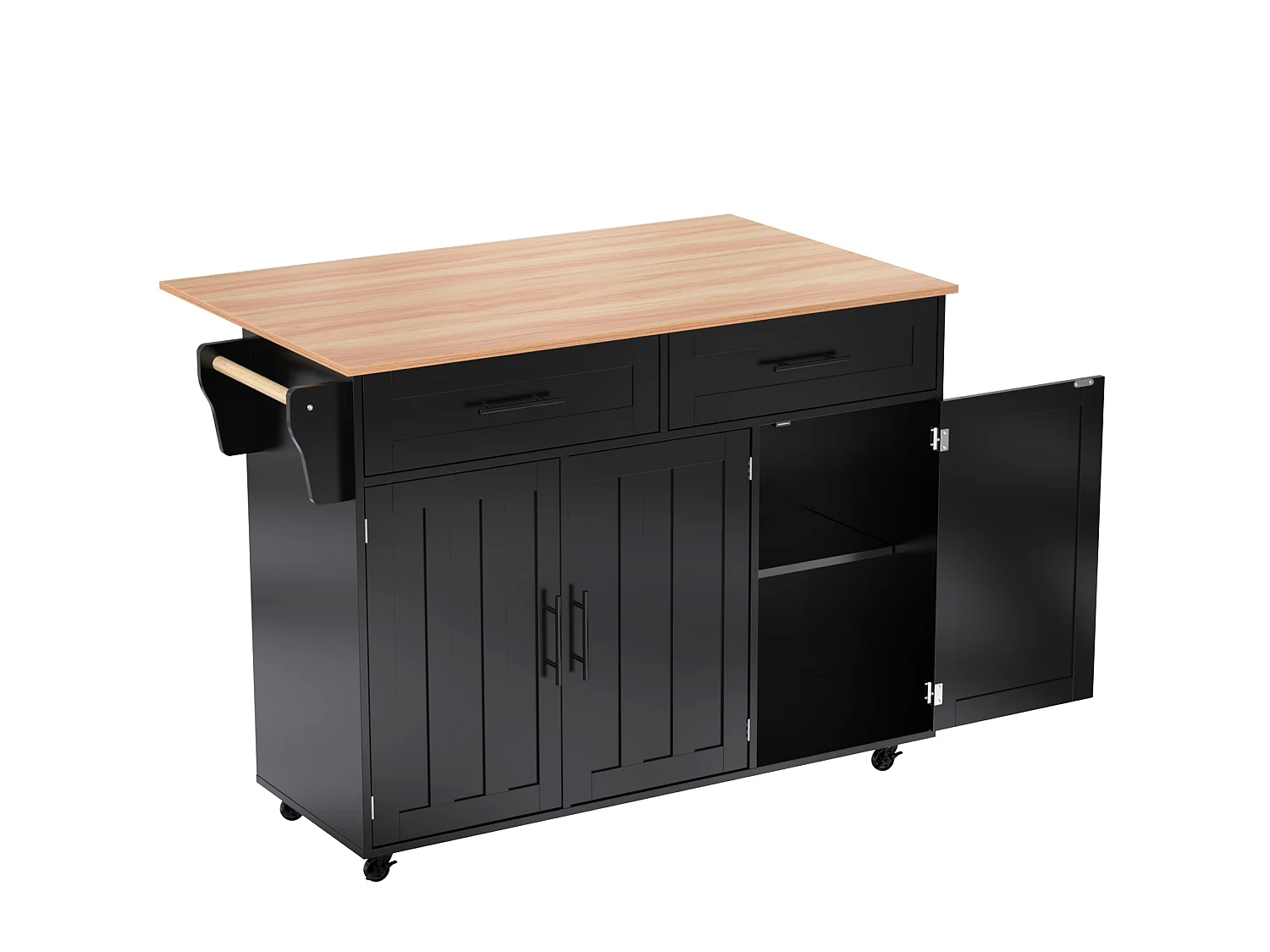 Îlot central mobile avec plateau rabattable, 3 portes et 2 tiroirs de rangement - Noir