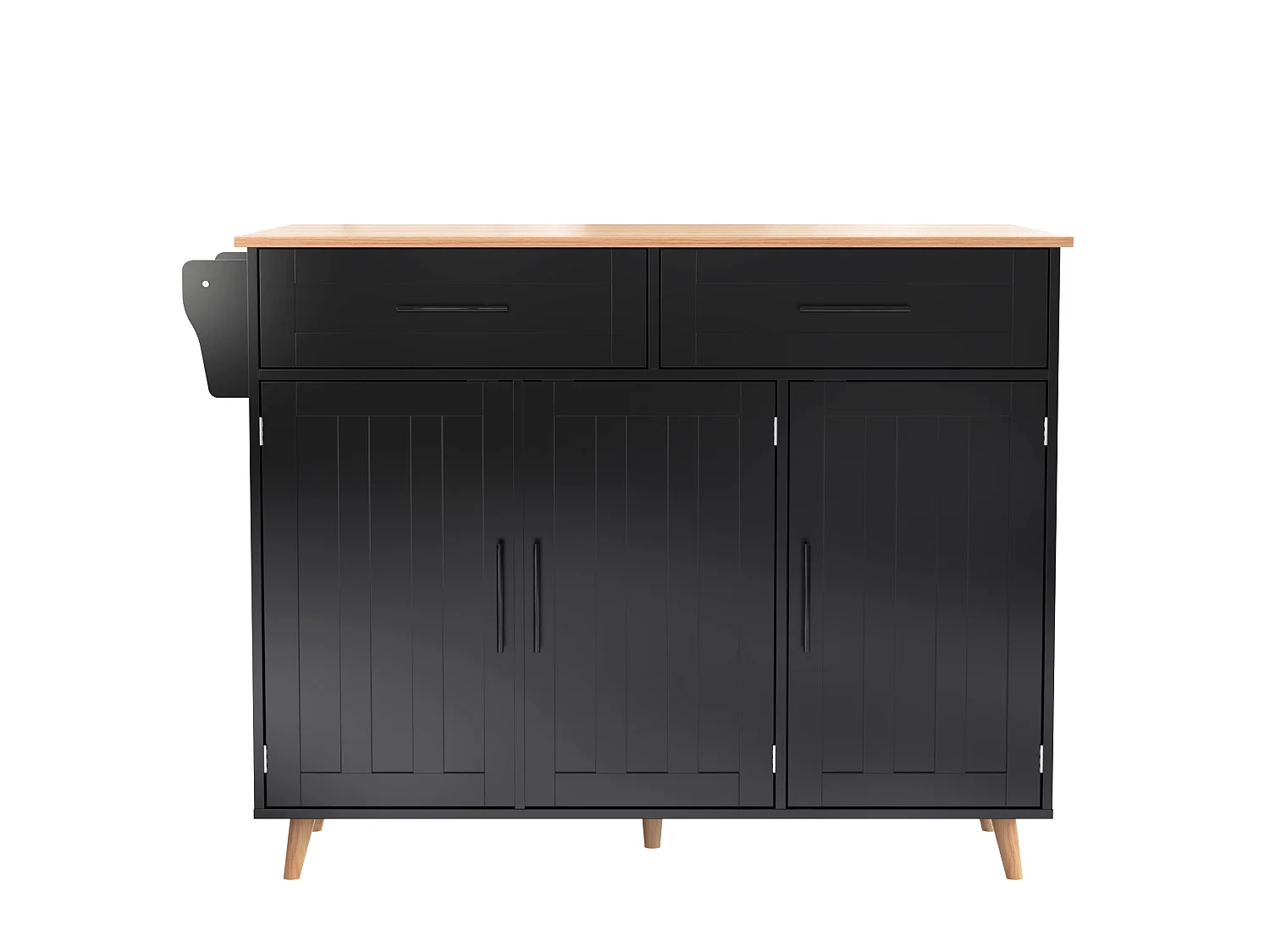 Îlot central mobile avec plateau rabattable, 3 portes et 2 tiroirs de rangement - Noir