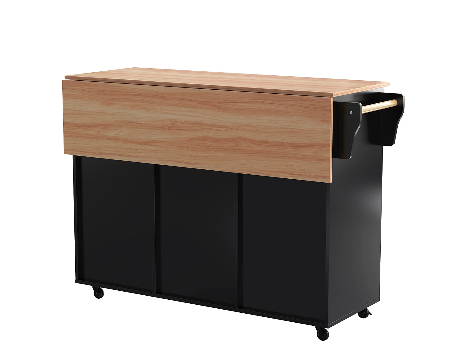 Îlot central mobile avec plateau rabattable, 3 portes et 2 tiroirs de rangement - Noir