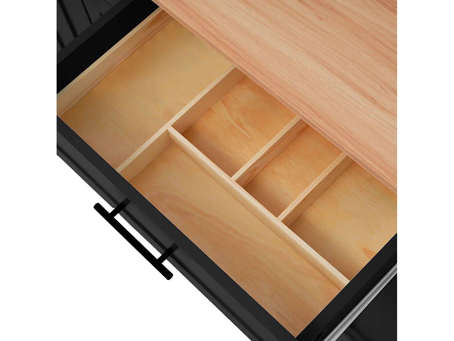 Îlot central mobile avec plateau rabattable, 3 portes et 2 tiroirs de rangement - Noir