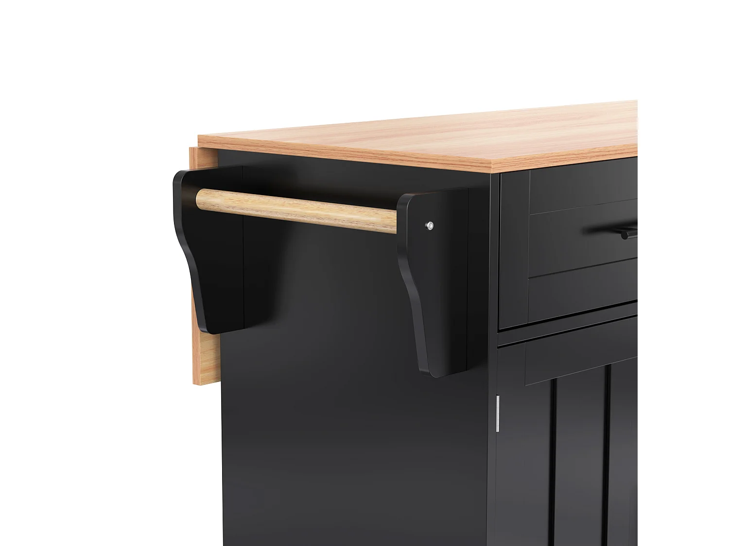 Îlot central mobile avec plateau rabattable, 3 portes et 2 tiroirs de rangement - Noir