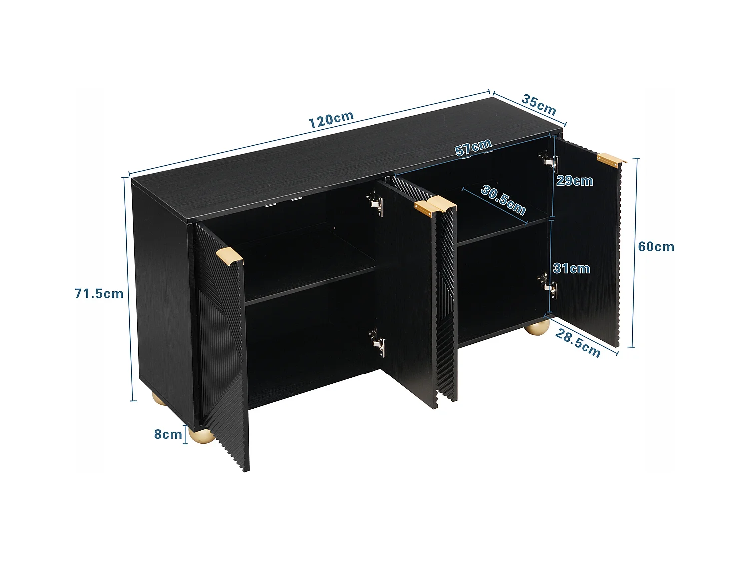 Buffet noir avec 4 portes texturées, étagères intérieures réglables et pieds boule dorés