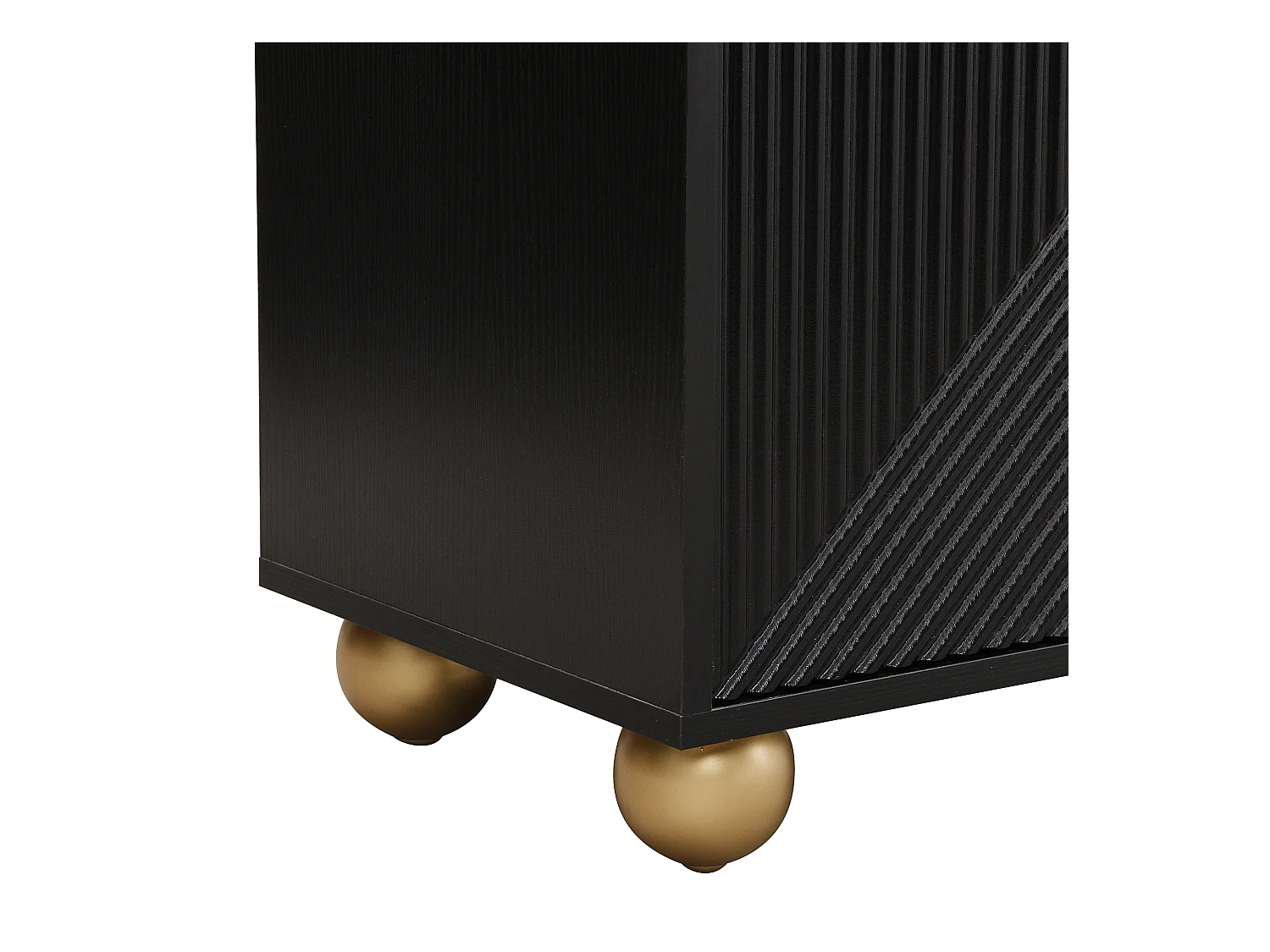 Buffet noir avec 4 portes texturées, étagères intérieures réglables et pieds boule dorés