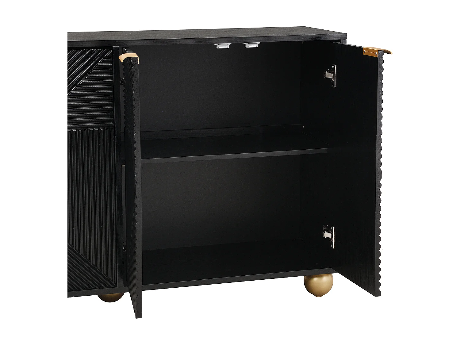 Zwart dressoir met 4 textuurdeuren, verstelbare binnenplanken en gouden bolvormige poten