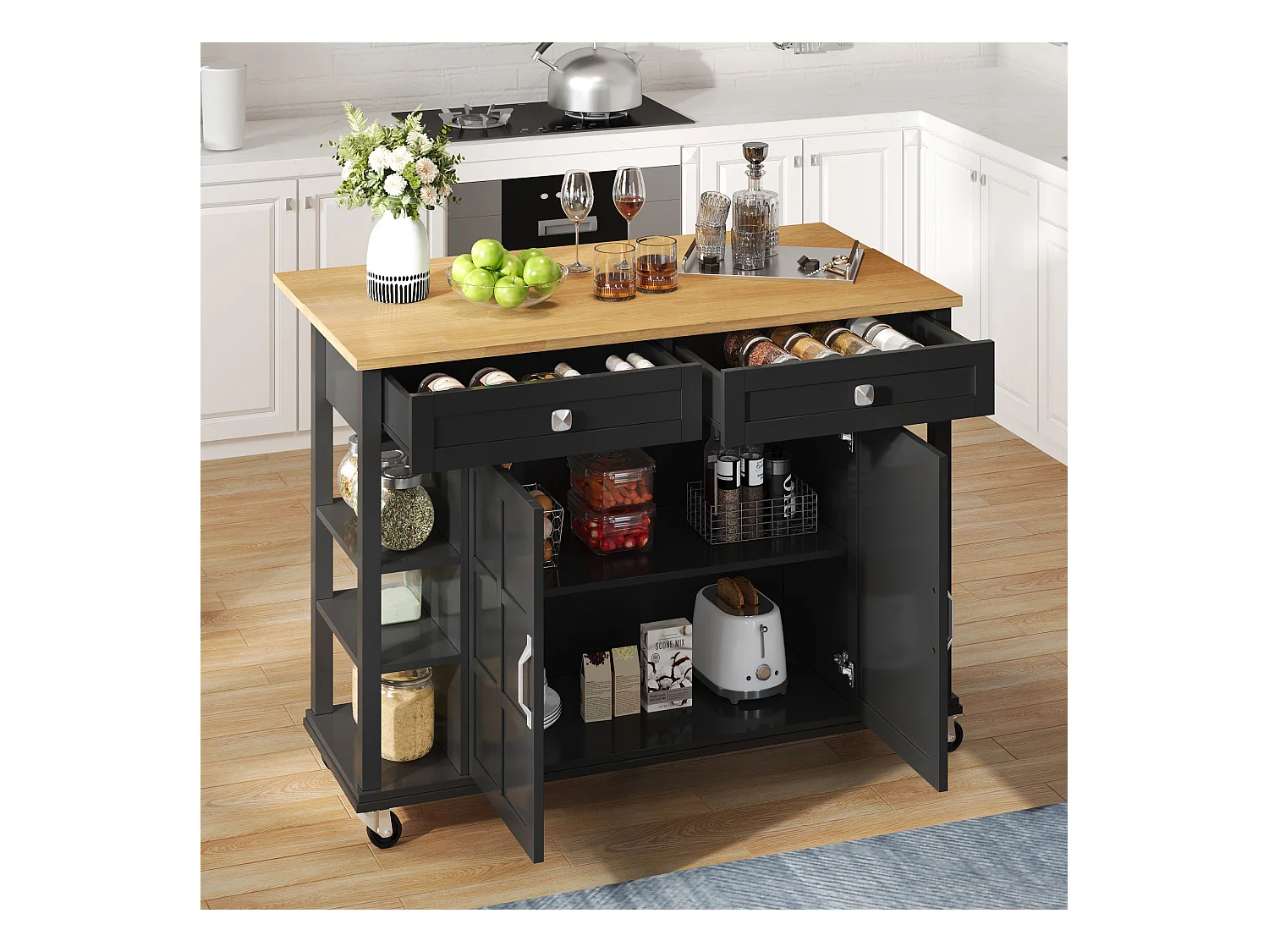 Carrito de cocina con tapa plegable de madera, 2 puertas y 2 cajones - negro