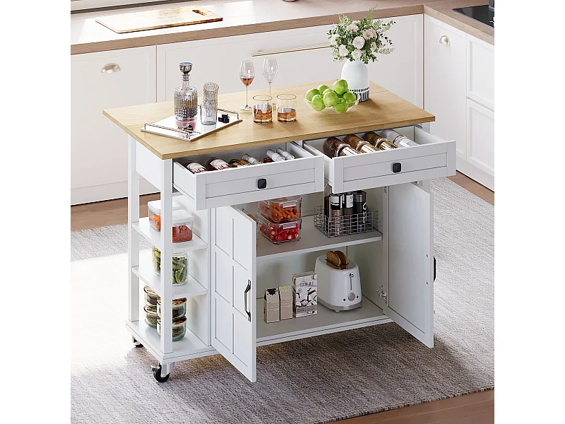 Desserte de cuisine avec plateau en bois pliable, 2 portes et 2 tiroirs de rangement - blanc