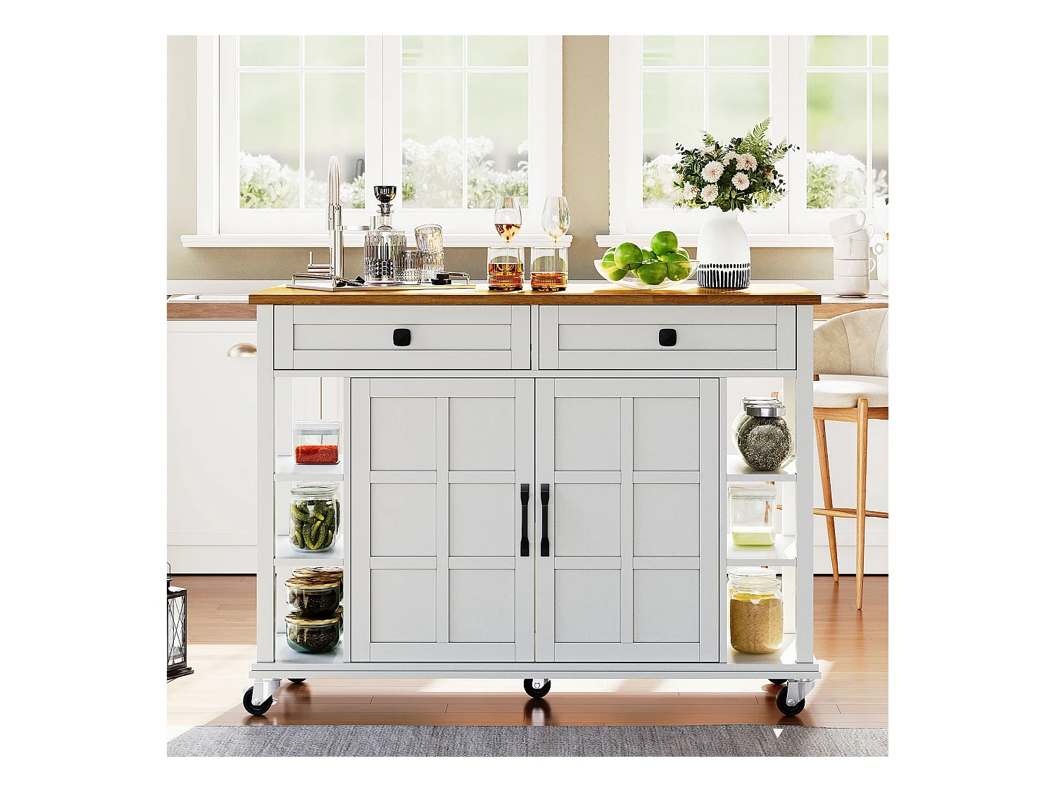 Desserte de cuisine avec plateau en bois pliable, 2 portes et 2 tiroirs de rangement - blanc