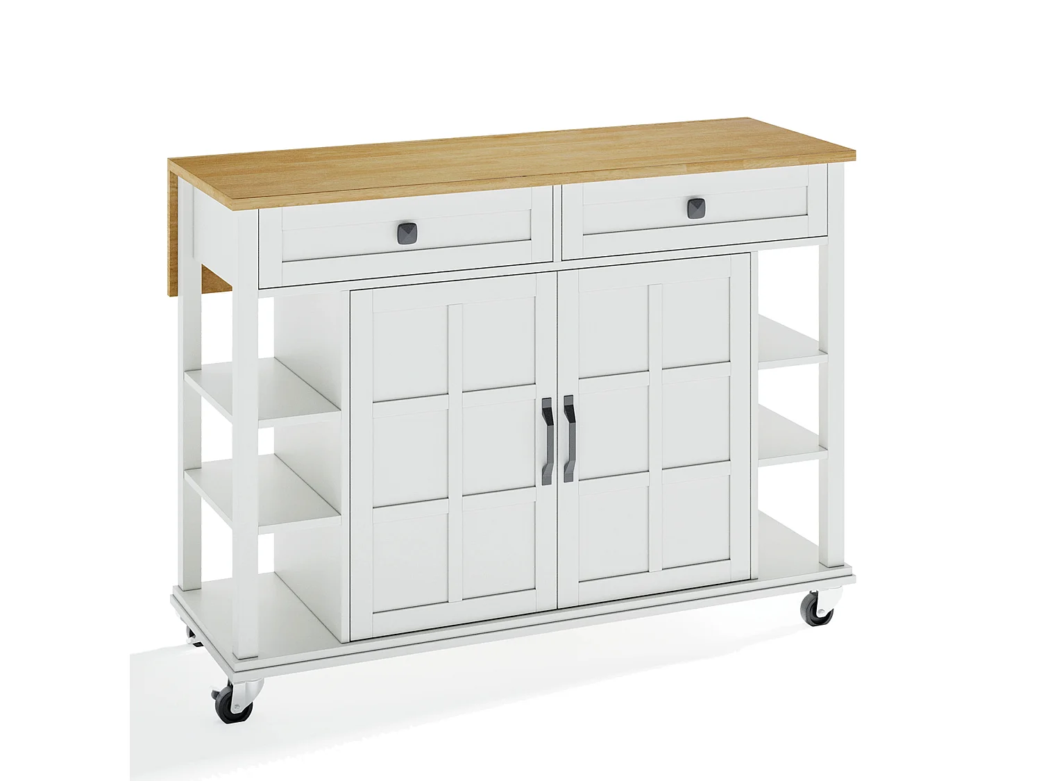 Desserte de cuisine avec plateau en bois pliable, 2 portes et 2 tiroirs de rangement - blanc