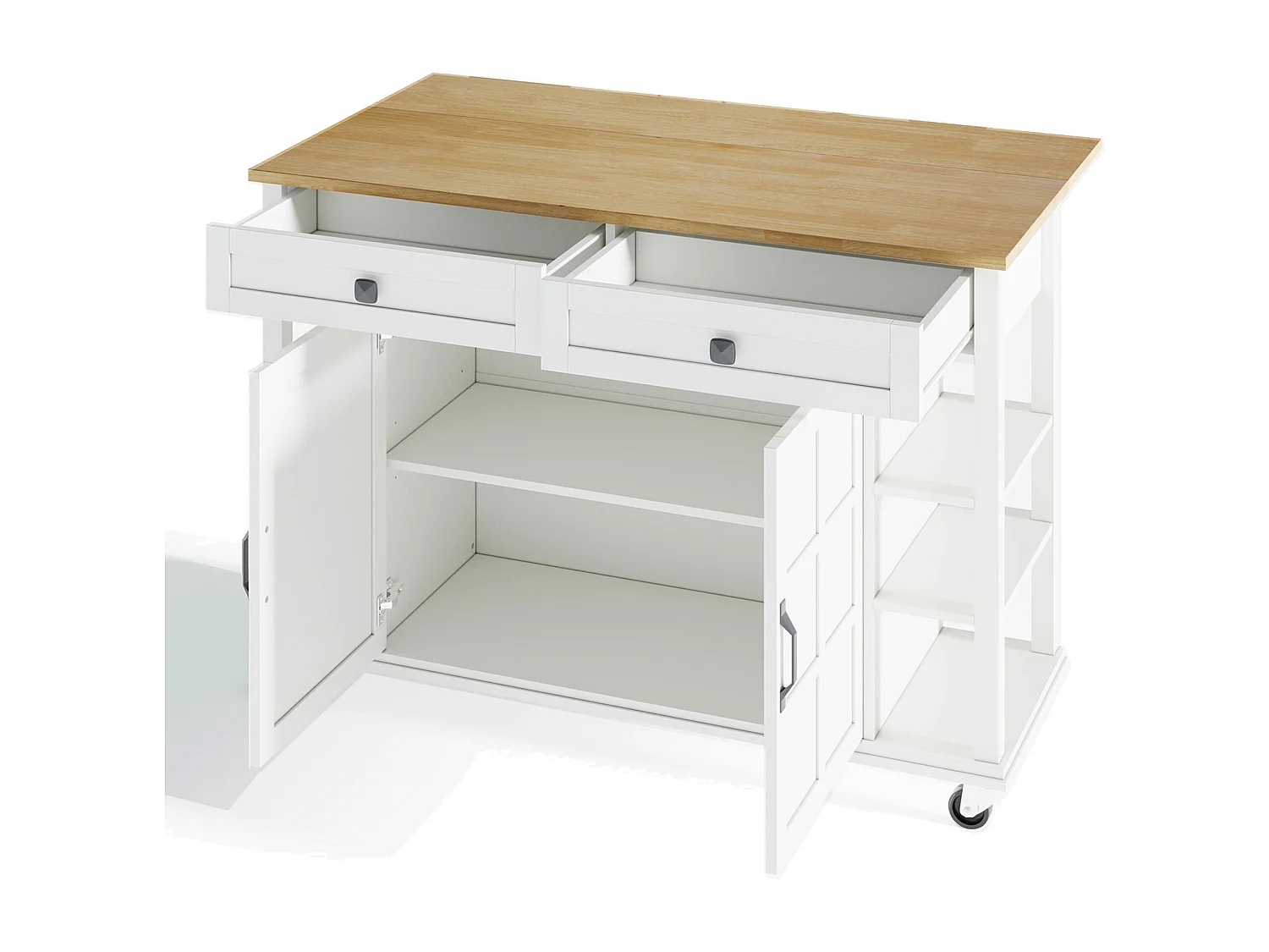 Desserte de cuisine avec plateau en bois pliable, 2 portes et 2 tiroirs de rangement - blanc