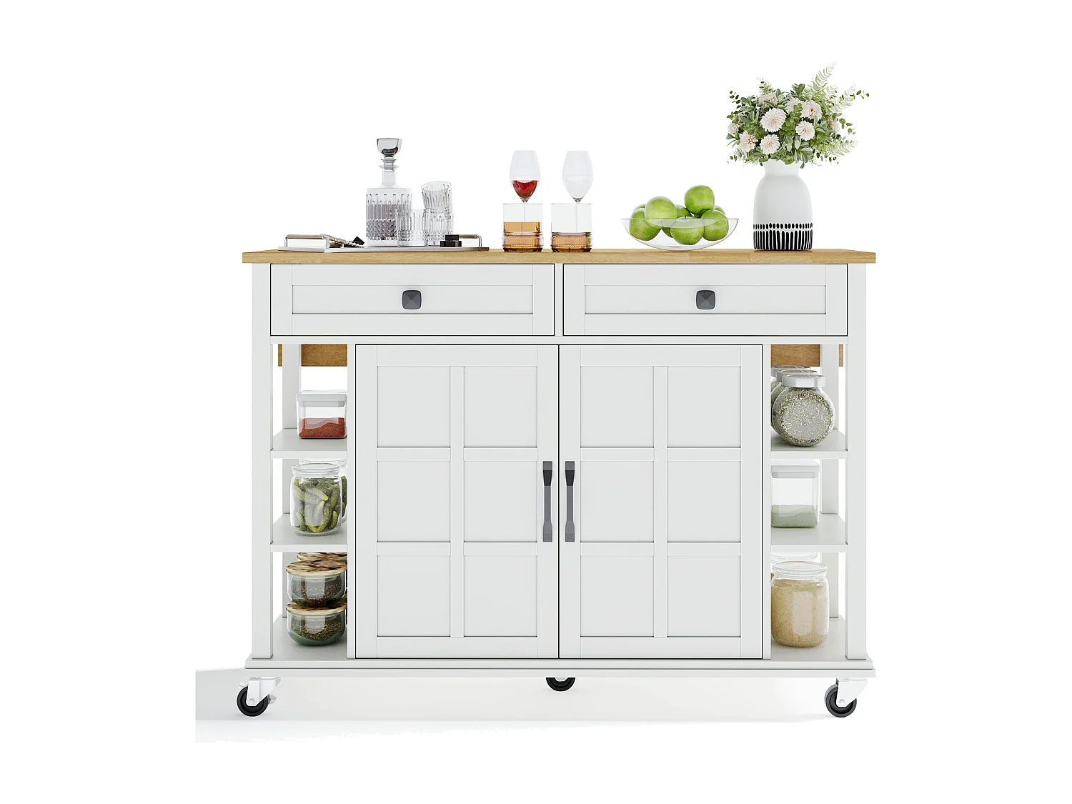 Desserte de cuisine avec plateau en bois pliable, 2 portes et 2 tiroirs de rangement - blanc