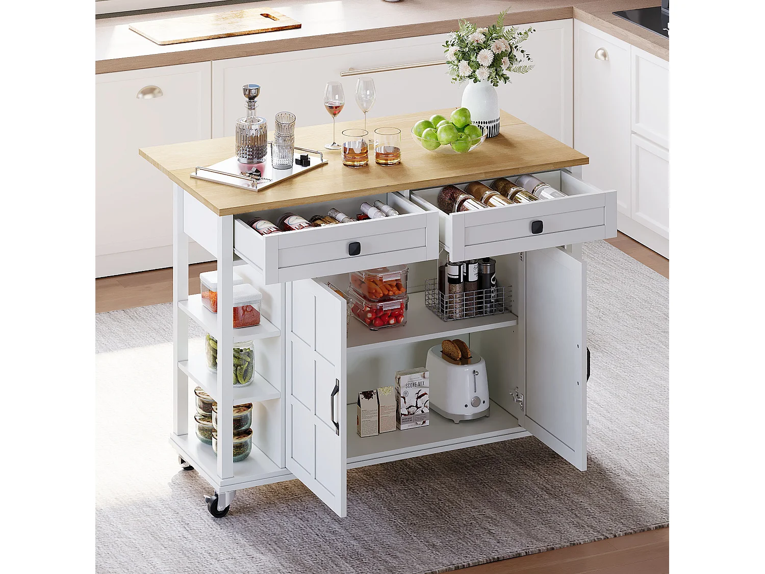 Desserte de cuisine avec plateau en bois pliable, 2 portes et 2 tiroirs de rangement - blanc