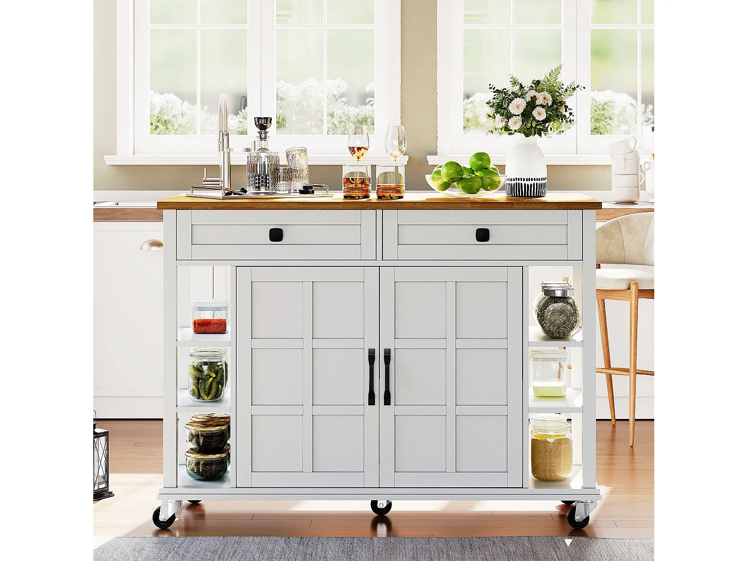 Desserte de cuisine avec plateau en bois pliable, 2 portes et 2 tiroirs de rangement - blanc