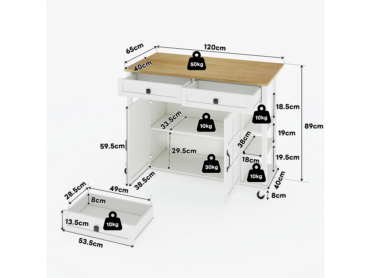 Desserte de cuisine avec plateau en bois pliable, 2 portes et 2 tiroirs de rangement - blanc