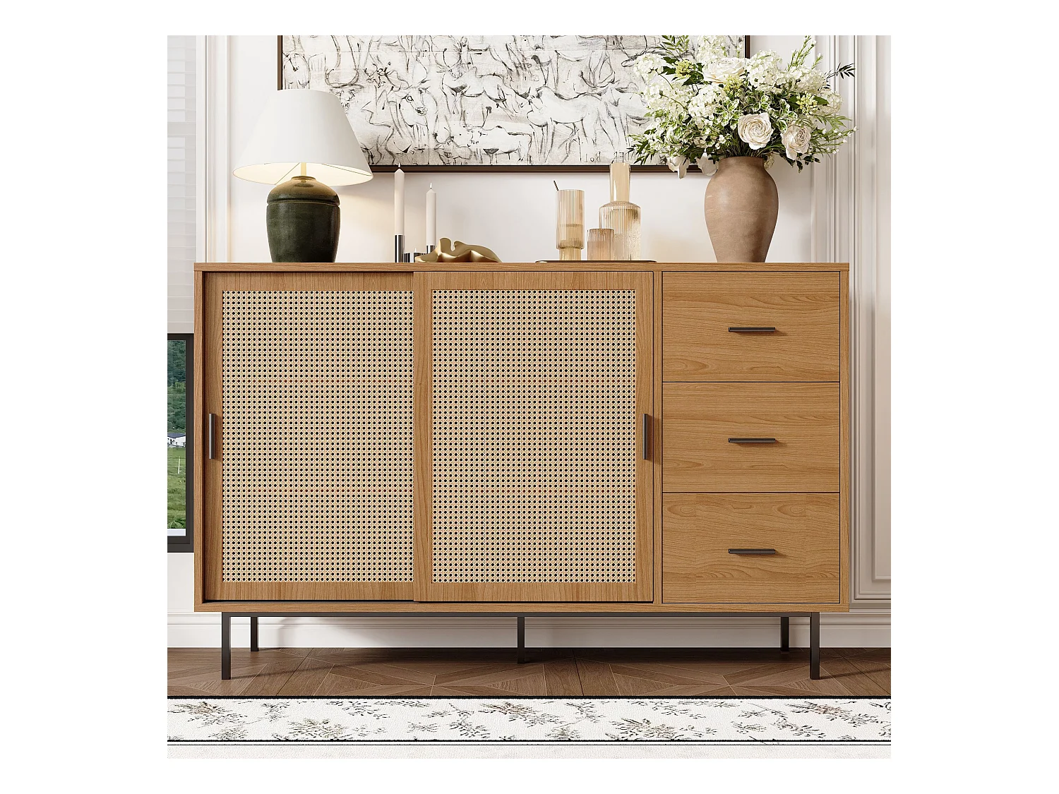 Buffet naturel avec 3 tiroirs et 2 portes en rotin, étagères réglables - poignées et pieds noirs