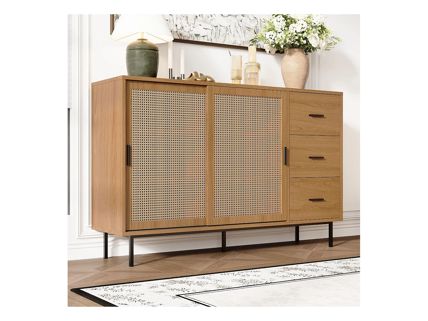 Buffet naturel avec 3 tiroirs et 2 portes en rotin, étagères réglables - poignées et pieds noirs