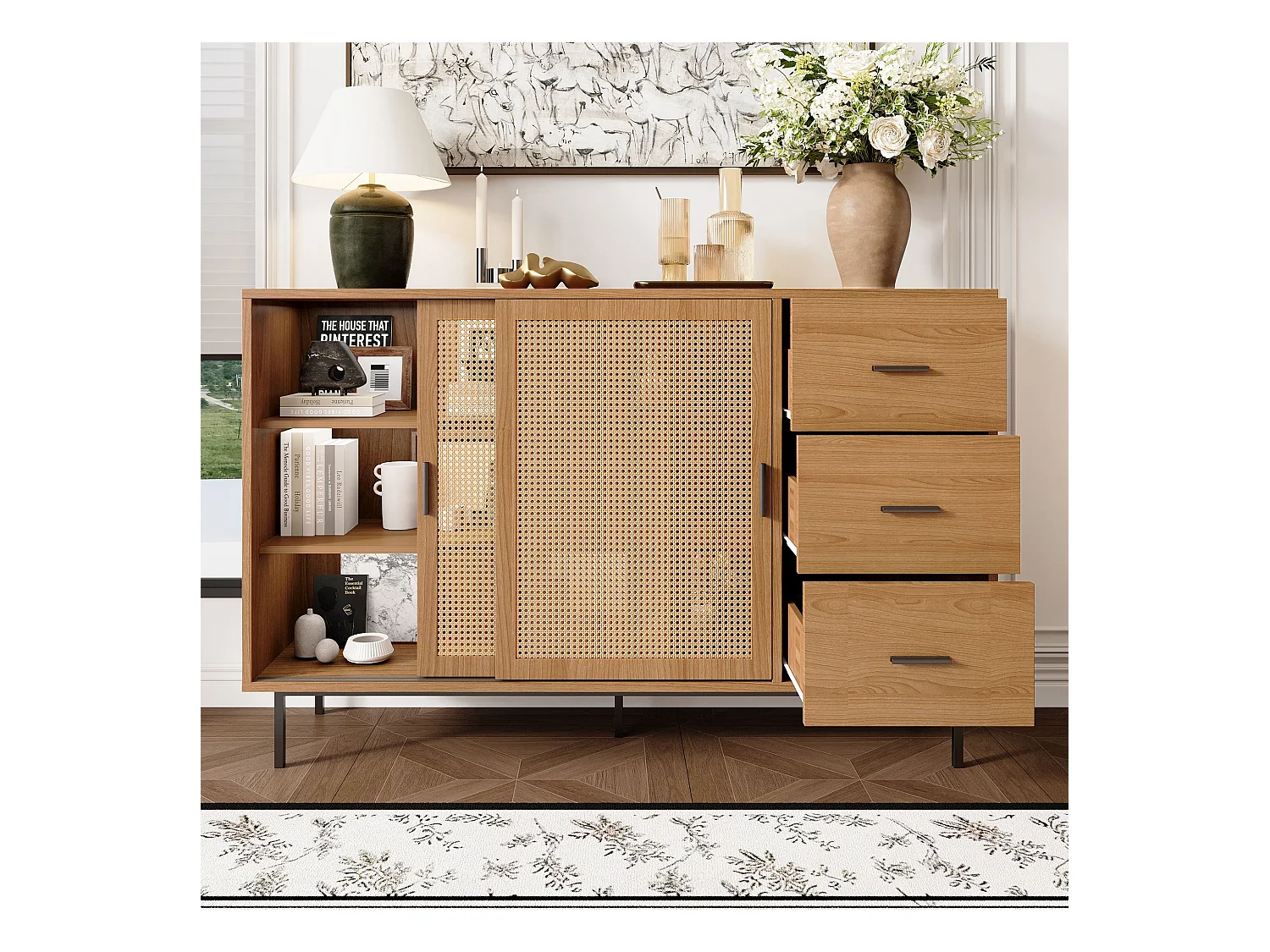 Buffet naturel avec 3 tiroirs et 2 portes en rotin, étagères réglables - poignées et pieds noirs