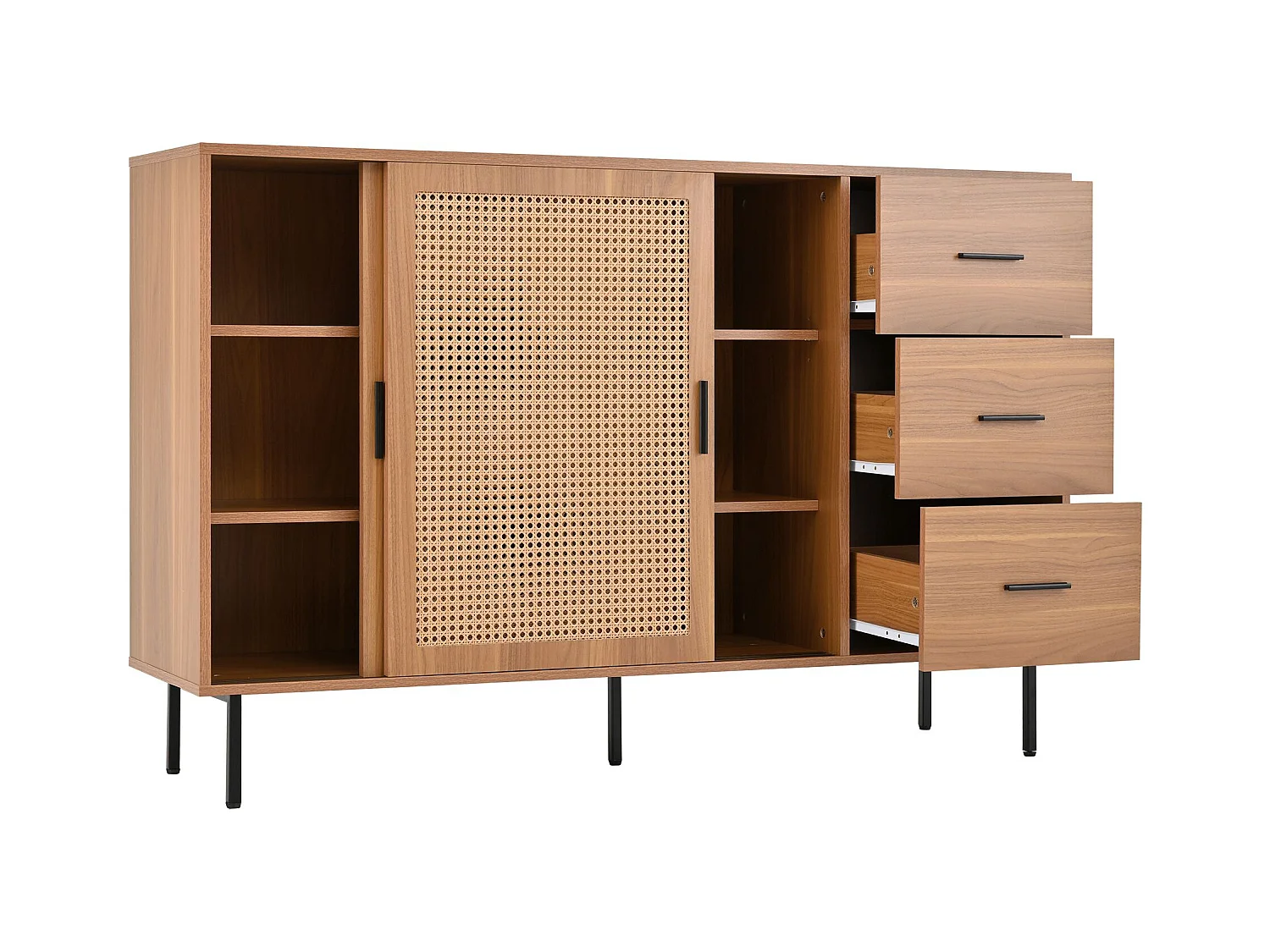 Buffet naturel avec 3 tiroirs et 2 portes en rotin, étagères réglables - poignées et pieds noirs